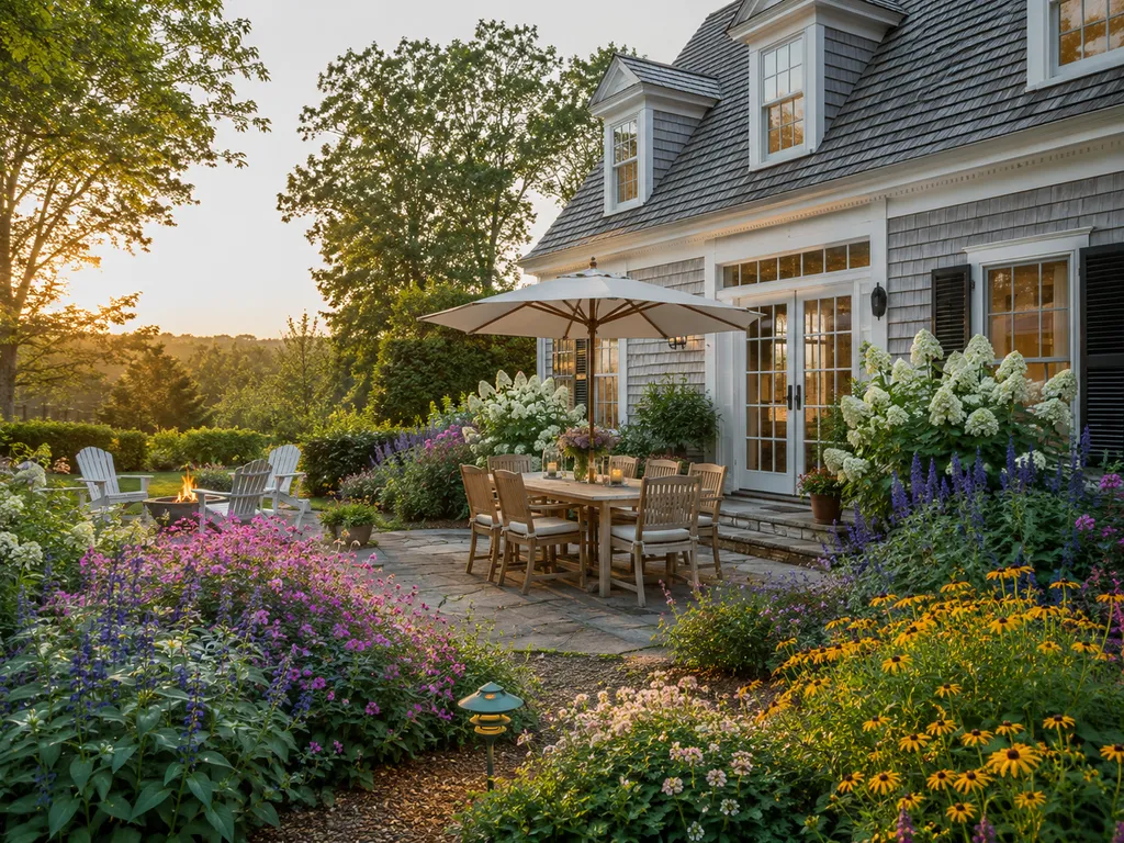 Garden terrace with a wooden dining table in evening light